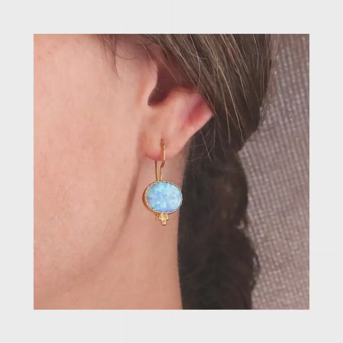 Opal gold dangle earrings for women, Blue oval Stone earrings