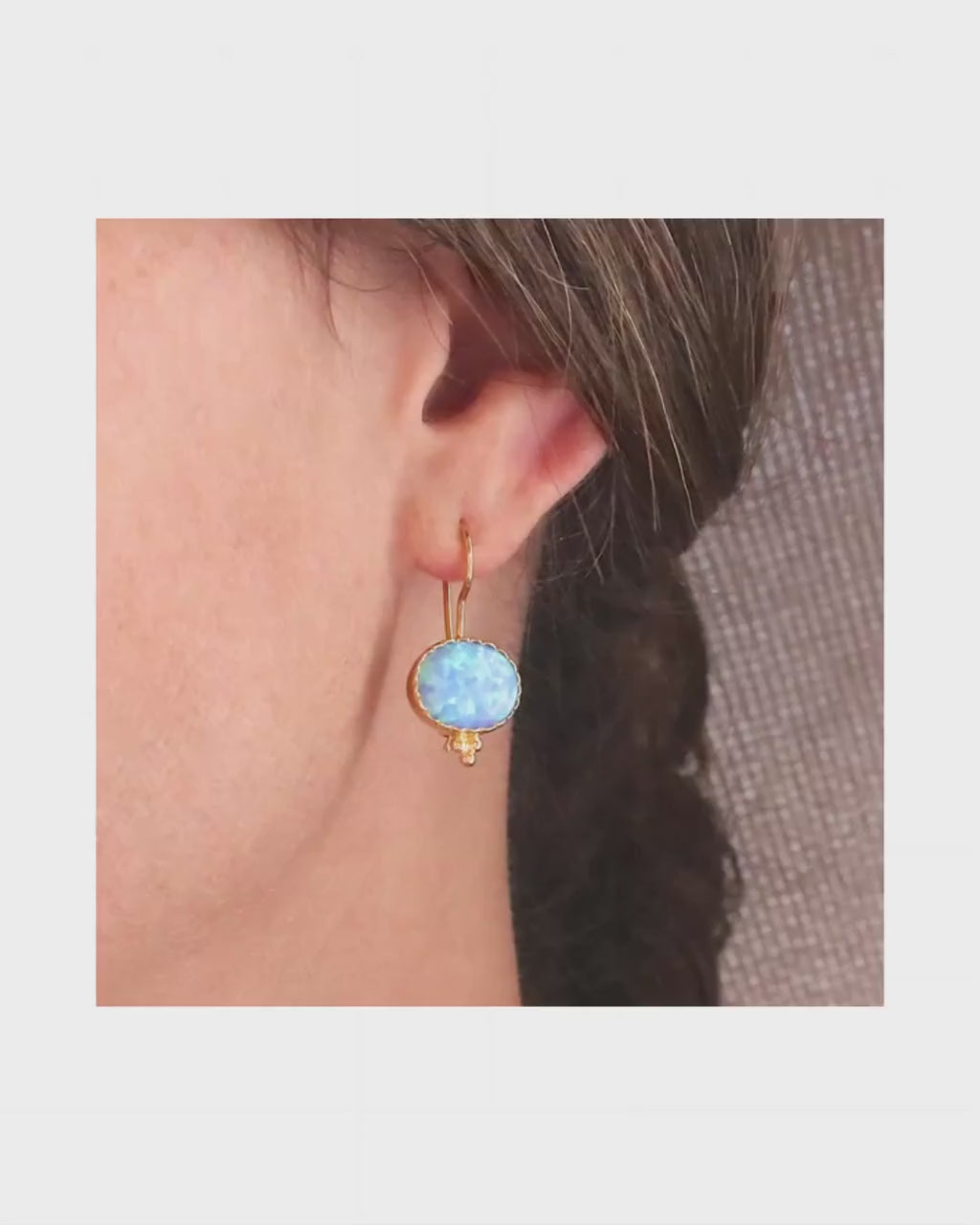 Opal gold dangle earrings for women, Blue oval Stone earrings