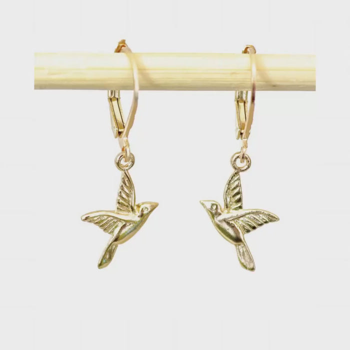 Handmade 14k Gold Bird Dangle Earrings - Nature Inspired