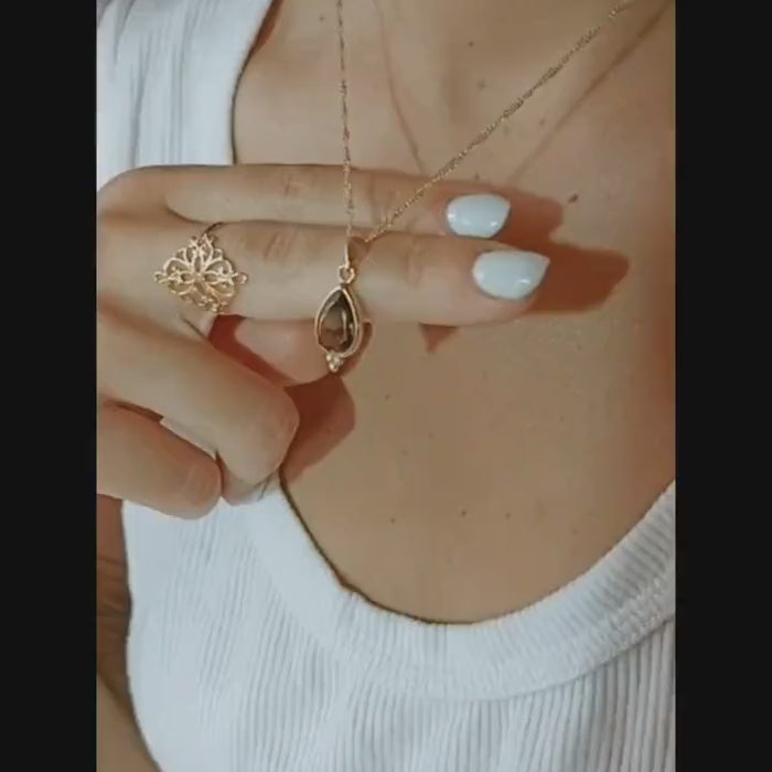 Smoky Quartz 14k gold Teardrop Necklace Pendant for Women, Gemstone Jewelry Gift