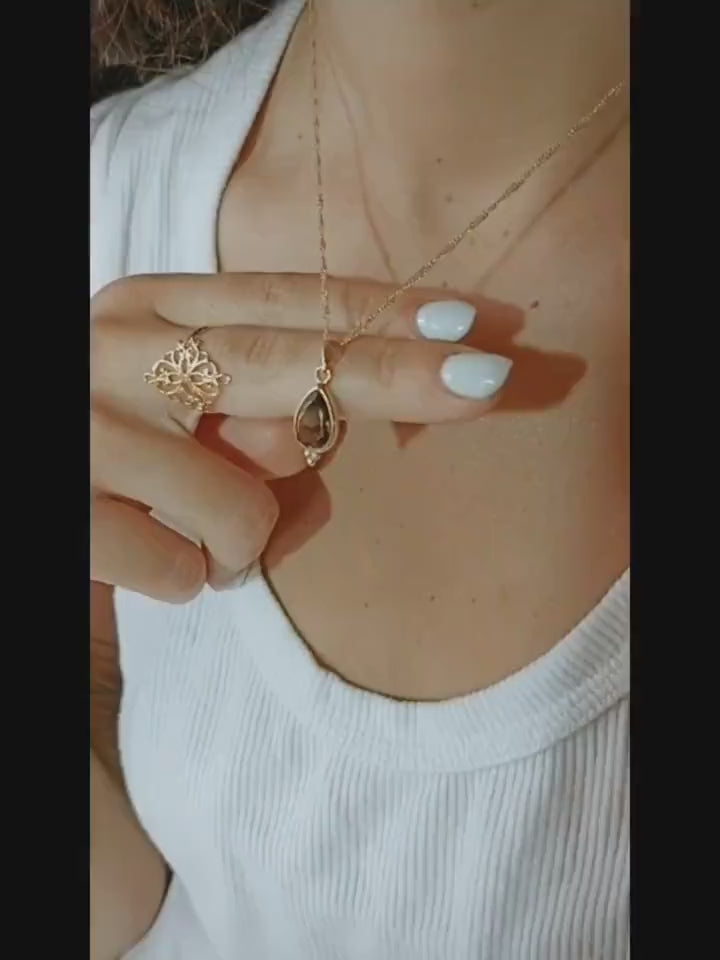 Smoky Quartz 14k gold Teardrop Necklace Pendant for Women, Gemstone Jewelry Gift