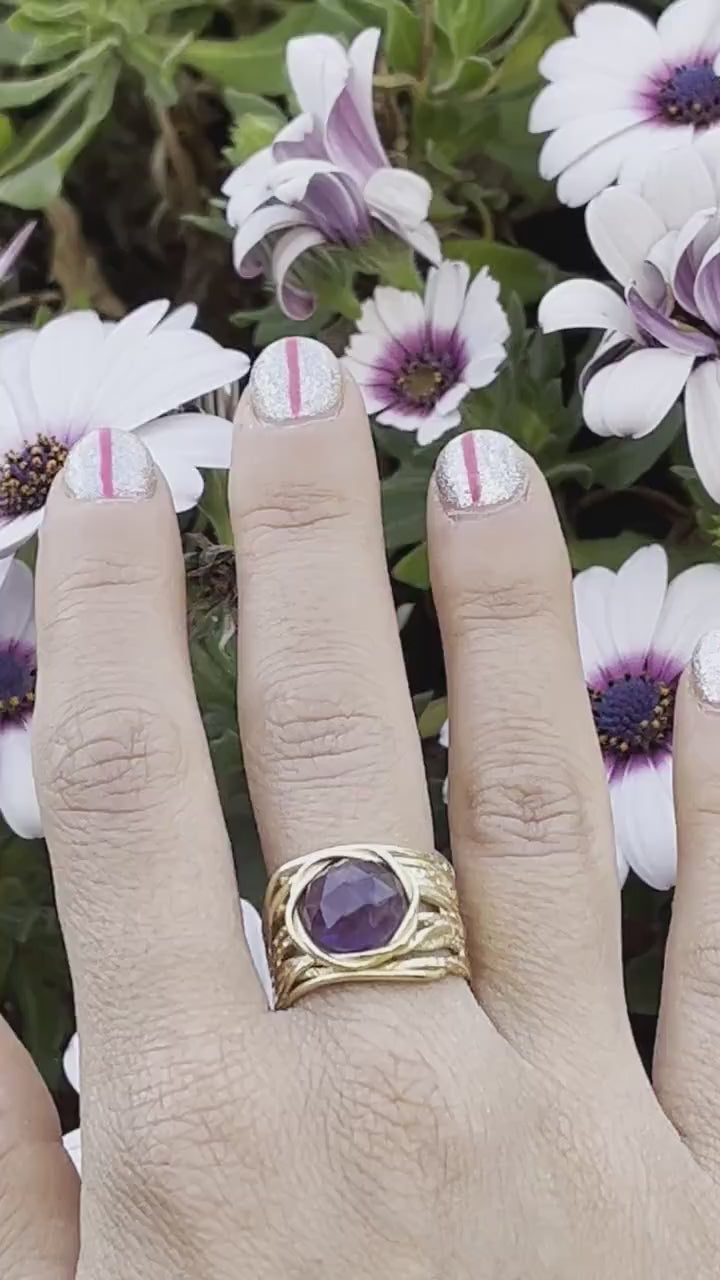 Amethyst solid gold ring, Solid 14k Crossover stone ring