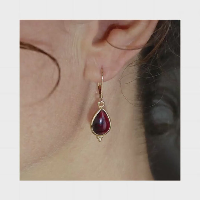 Garnet 14k gold earrings, Solid 14k gold Garnet teardrop dangle earring