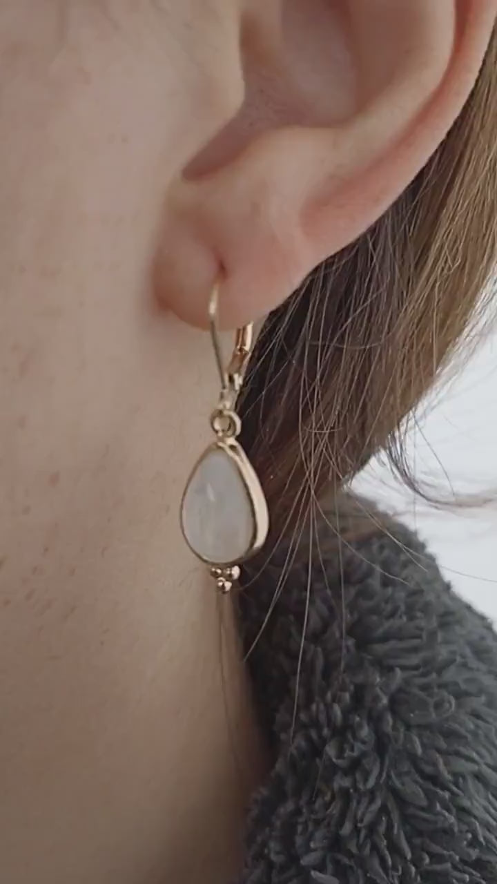 Moonstone gold dangle earring, Teardrop gemstone earrings