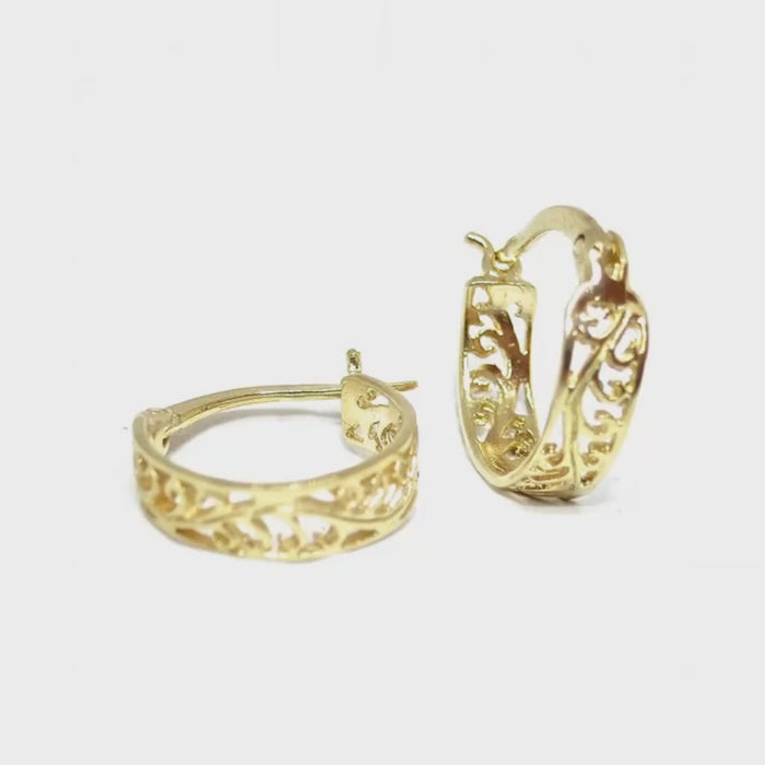Filigree gold hoop earrings for women, 14K solid gold earrings, Statement gold hoops