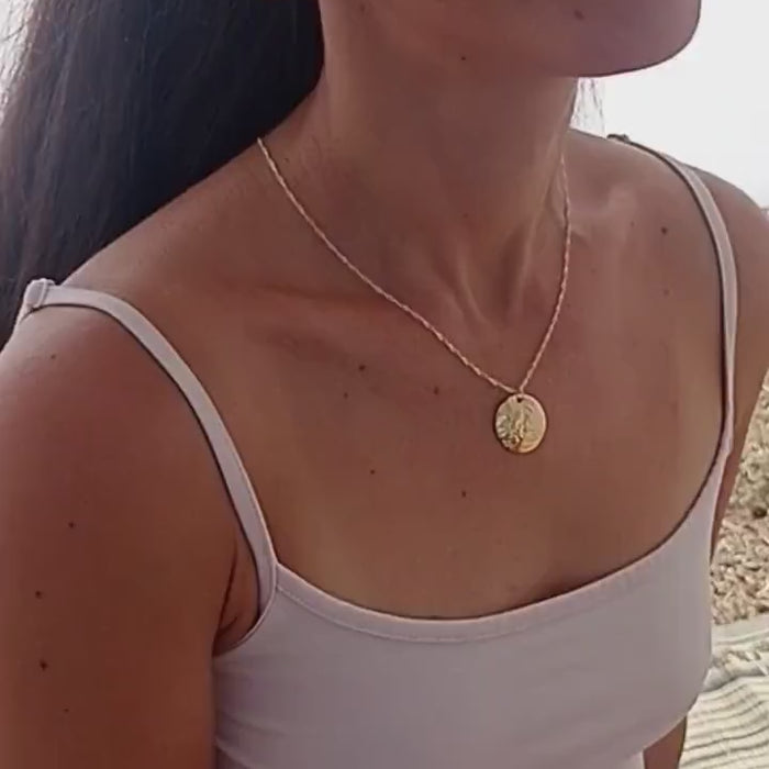 Textured gold disk necklace, Dome pendant