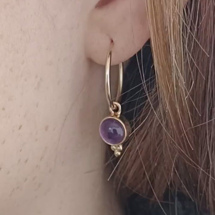 Amethyst hoop earrings, Gold filled Amethyst dangle hoop earrings, Simple Amethyst stone hoop earrings with dots
