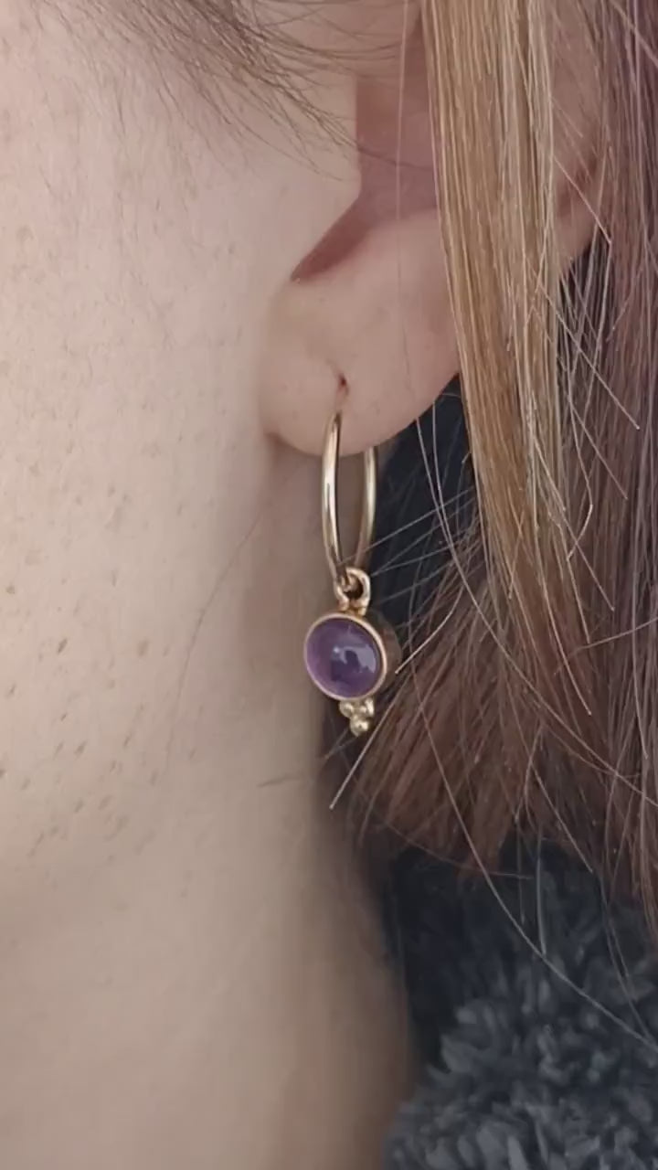 Amethyst hoop earrings, Gold filled Amethyst dangle hoop earrings, Simple Amethyst stone hoop earrings with dots